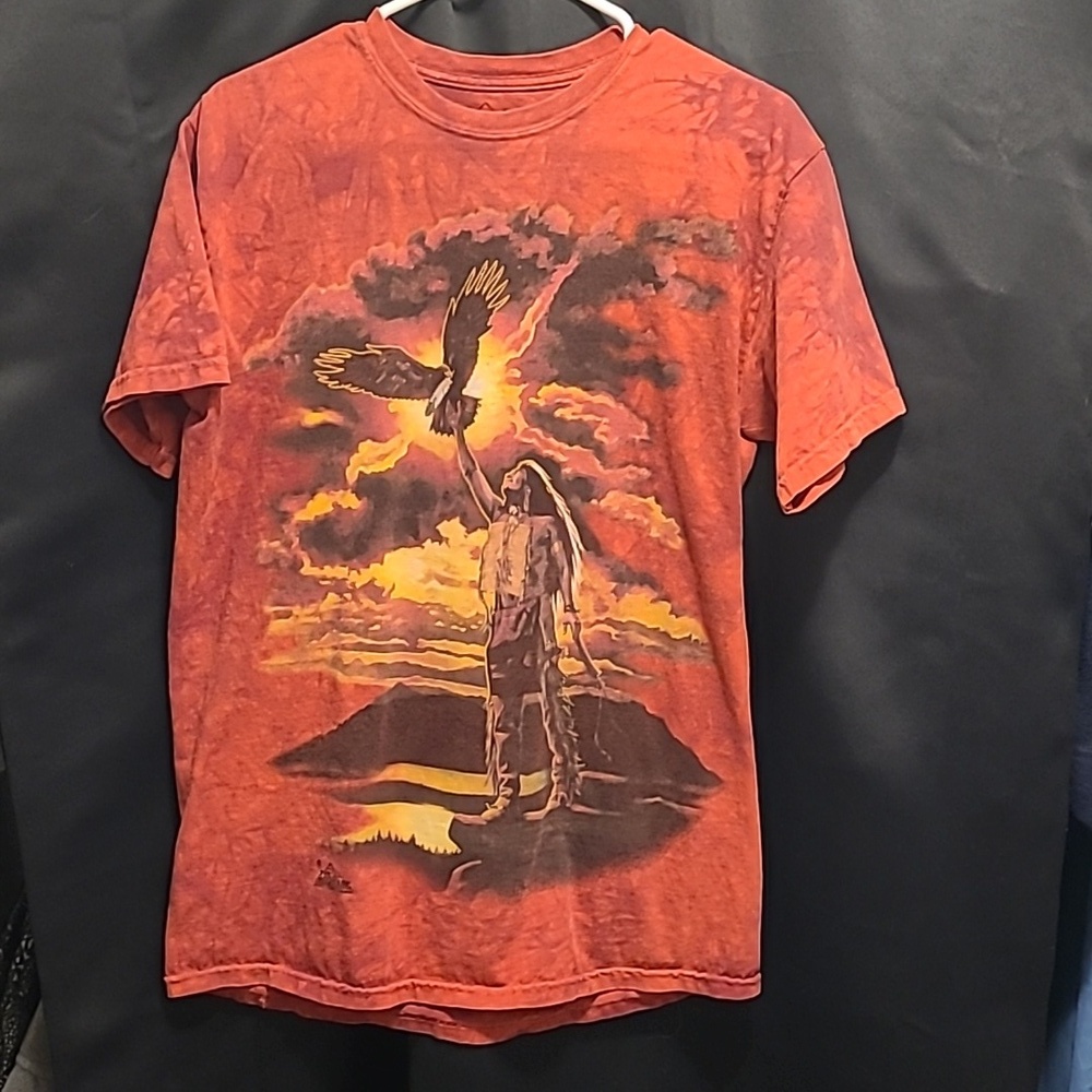🦅vintage 90s NATIVE AMERICAN SUNSET THE MOUNTAIN TIE-DYE TEE MEDIUM hawk